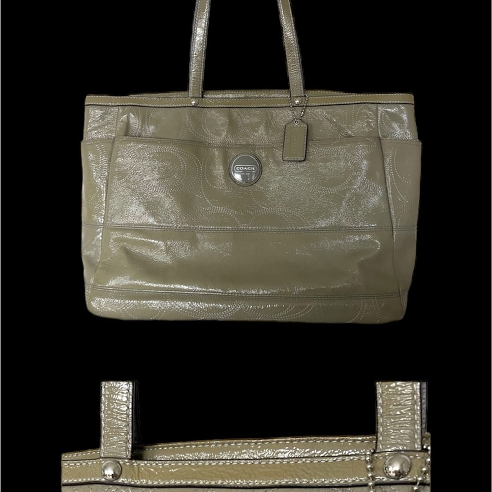 COACH Signature Stitched Patent Leather Large Bag Tote Travel Purse Gray